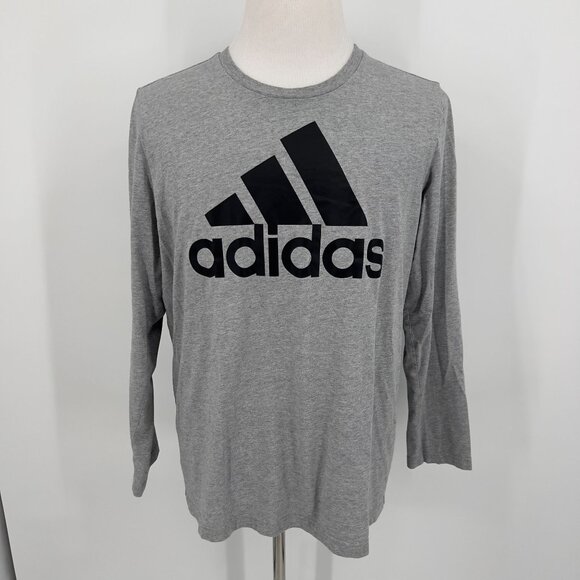 Adidas Gray Long Sleeve Logo T-Shirt Tee Men's L Large 100% Cotton Crewneck Casu - Picture 2 of 5
